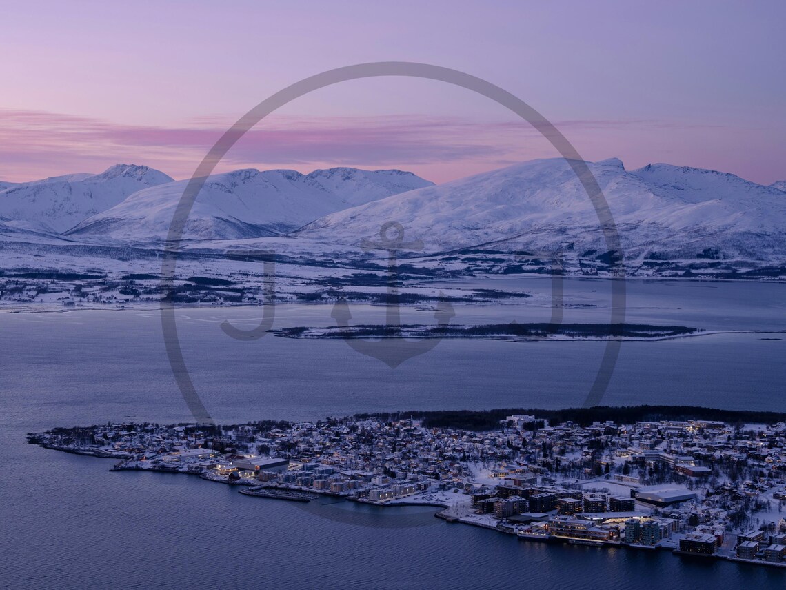 Snowy Coastal Town at Dusk Fjord Lights Winter Night Glow Poster - Image 3