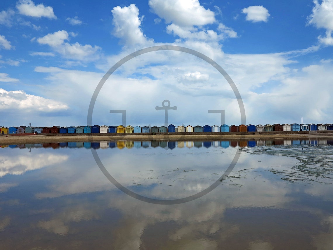Brightlingsea Beach Huts Colorful Row Mirror Wet Sand Poster - Image 3