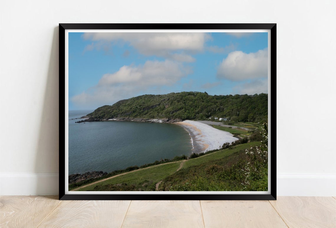 Pwll Du Bay Curved Shingle Beach Beneath Green Hills Gower Poster