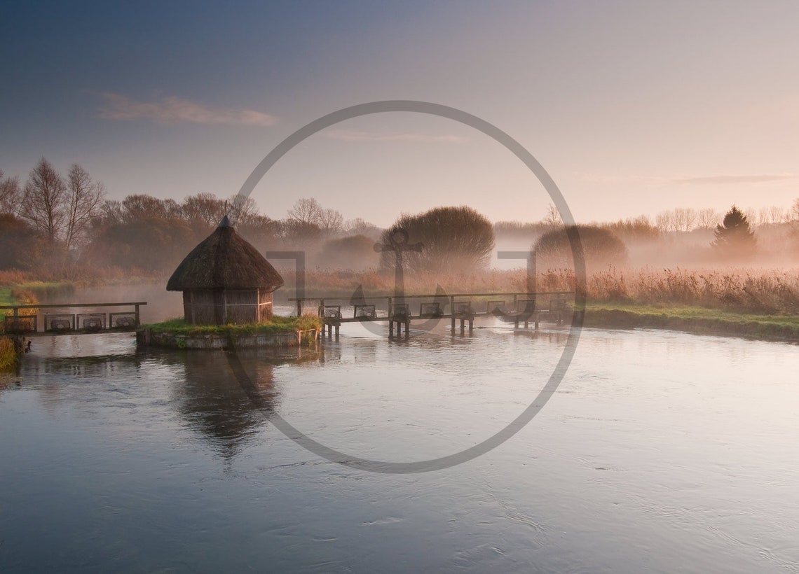 River Test Eel Traps Longstock Hampshire Misty Sunrise Hut Poster - Image 3