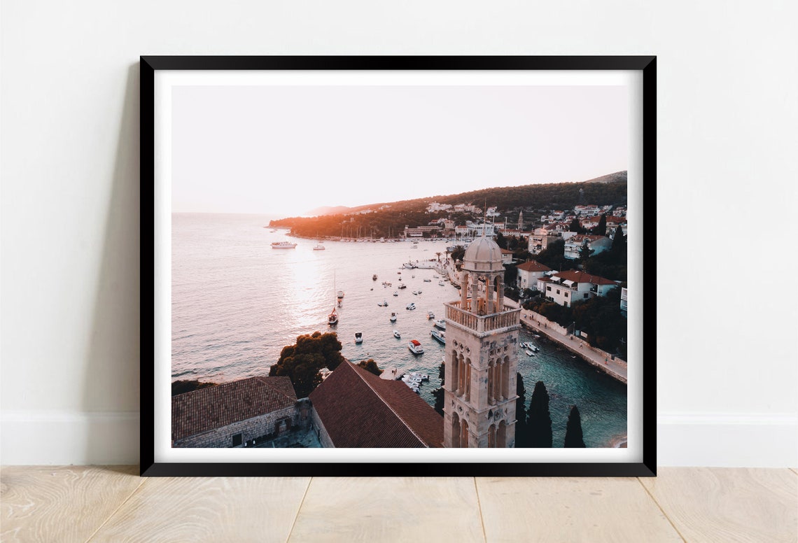 Hvar Island Croatia Sunset Harbor with Stone Bell Tower Poster