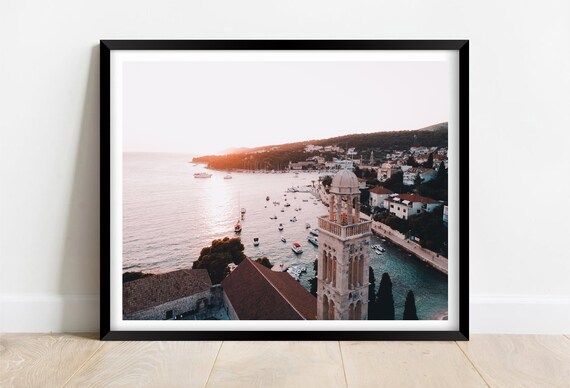 Hvar Island Croatia Sunset Harbor with Stone Bell Tower Poster