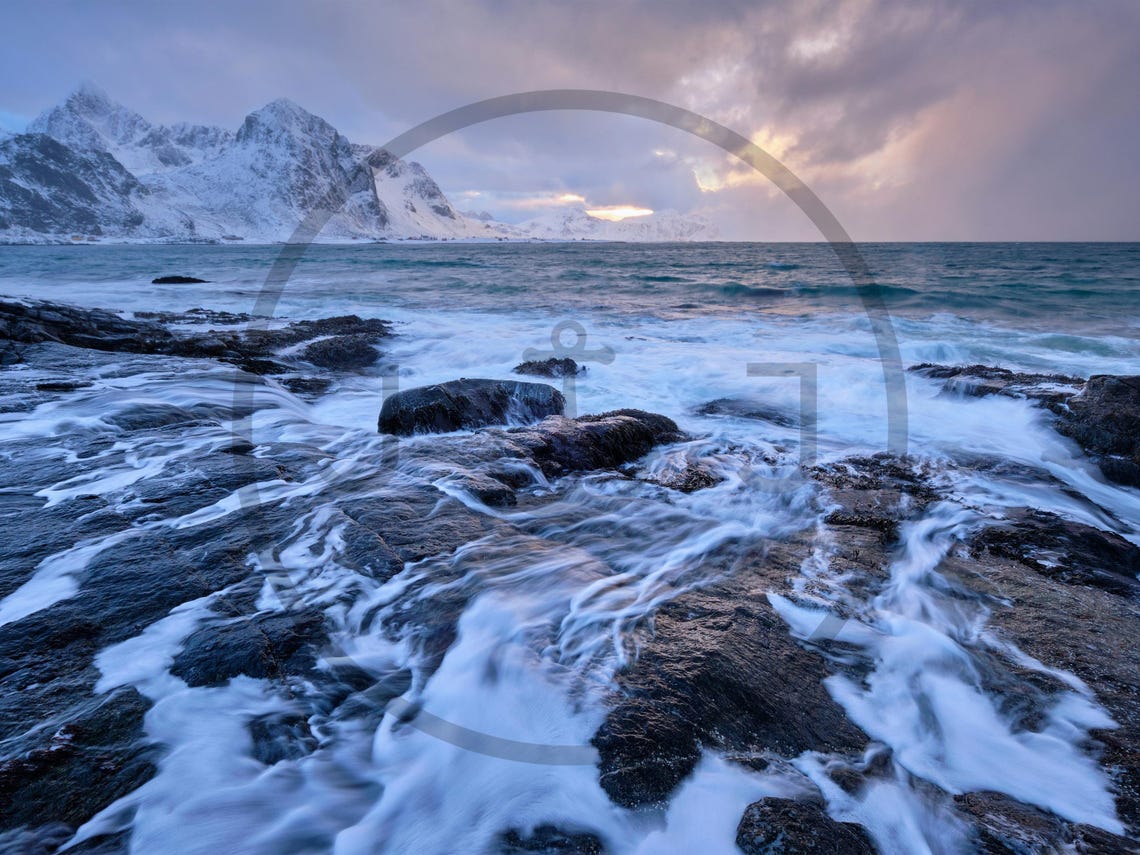 Snowy Peaks Above Rocky Arctic Coast Waves Dusk Light Poster - Image 3