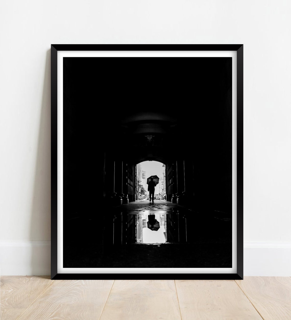 Black And White Rain Reflection Umbrella Silhouette Archway Poster