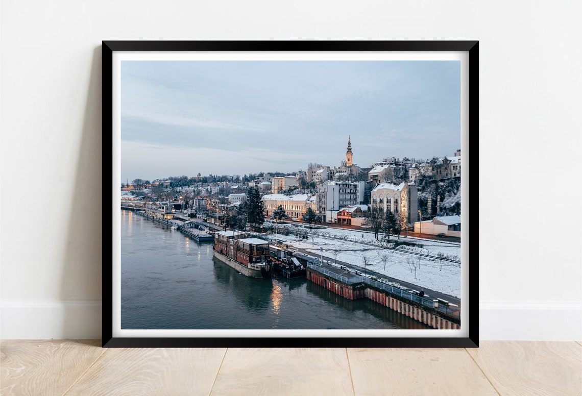 Belgrade Serbia Winter Snow Danube Riverfront Barges Dusk Poster