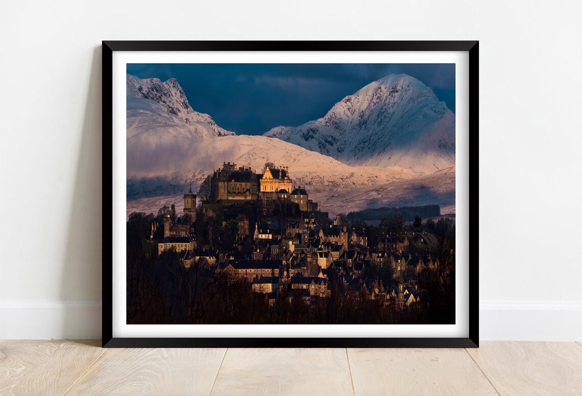 Stirling Castle Scotland Snowy Mountain Sunset Evening Poster