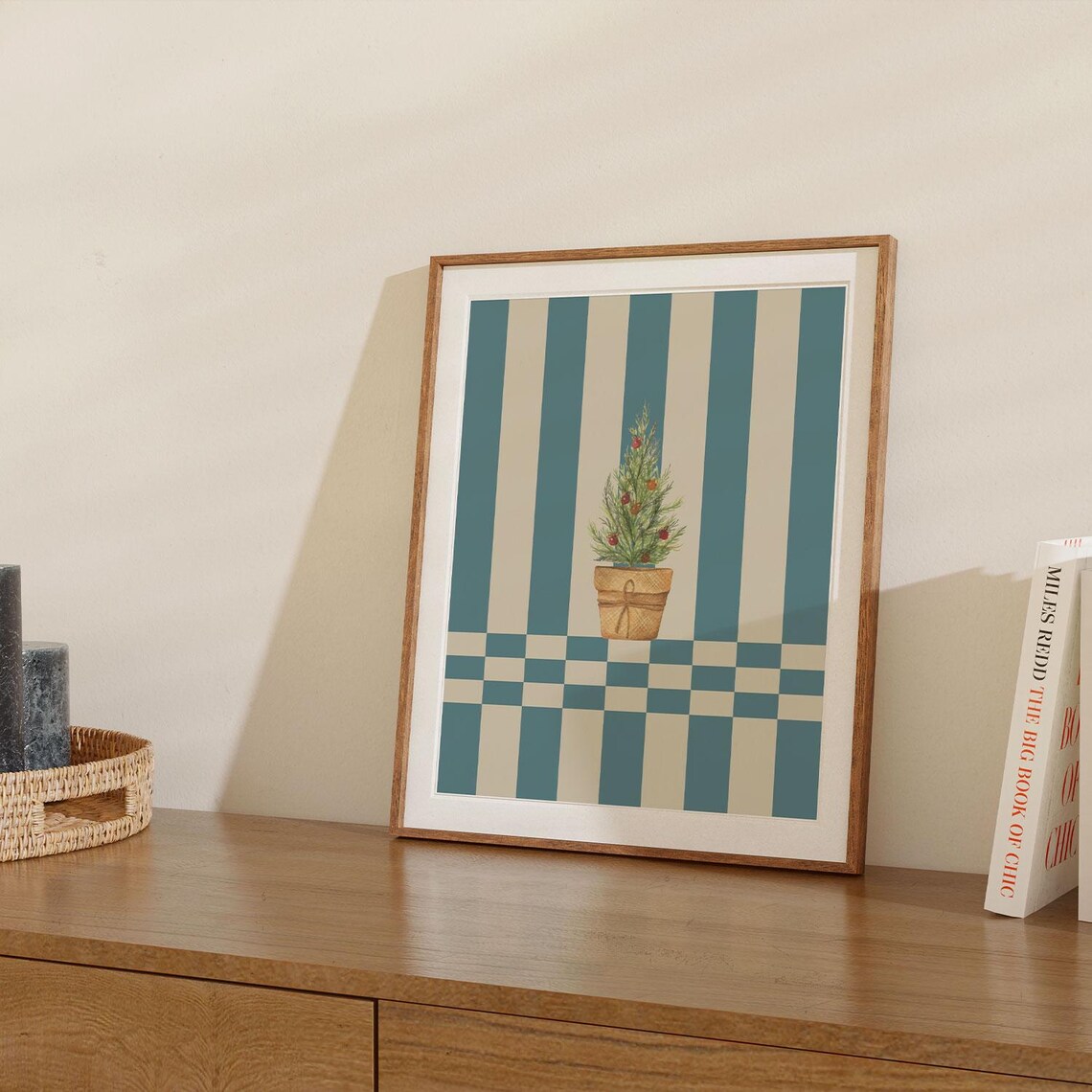 Teal Striped Potted Christmas Tree Retro Holiday Vintage Wall Art - Image 3