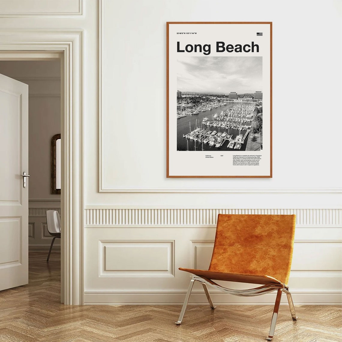 Long Beach California Coastal Marina Black And White Travel Poster - Image 2