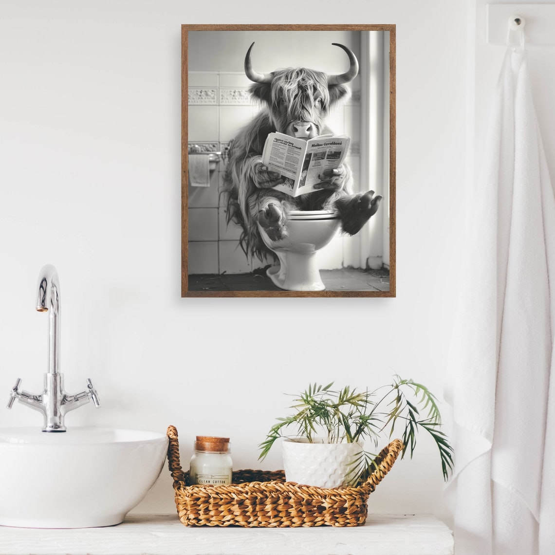 Highland Cow Reading Newspaper on Toilet Black and White Funny Poster - Image 2