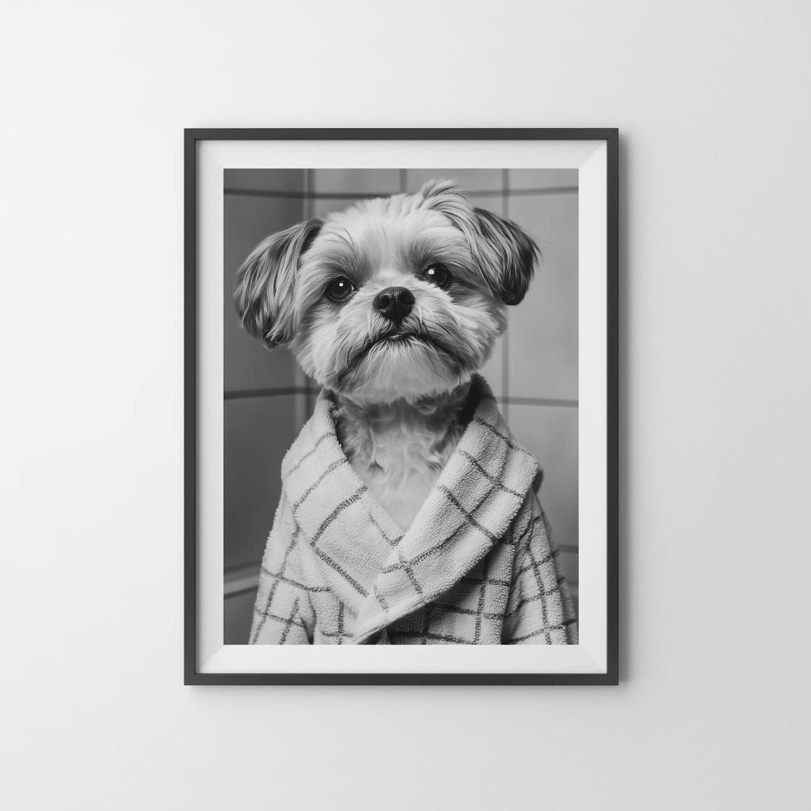 Shih Tzu Puppy in Plaid Bathrobe Black White Funny Pet Poster - Image 3