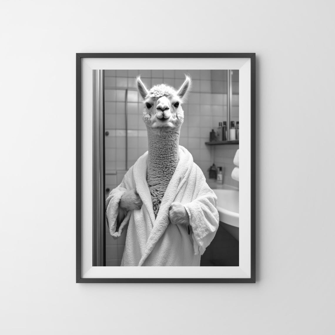 Alpaca In A Bathrobe Monochrome Vintage Bathroom Humor Poster - Image 3