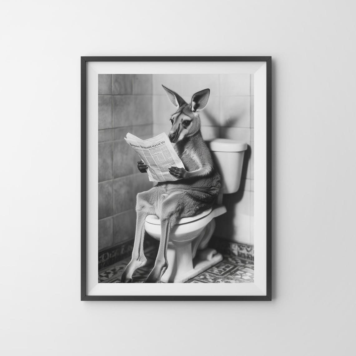 Kangaroo Reading a Newspaper on the Toilet Black and White Poster - Image 3