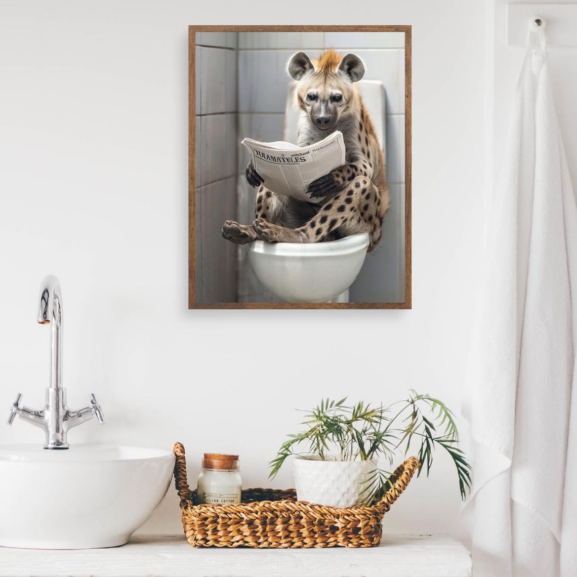 Spotted Hyena Reading Newspaper on Toilet Funny Bathroom Poster - Image 2