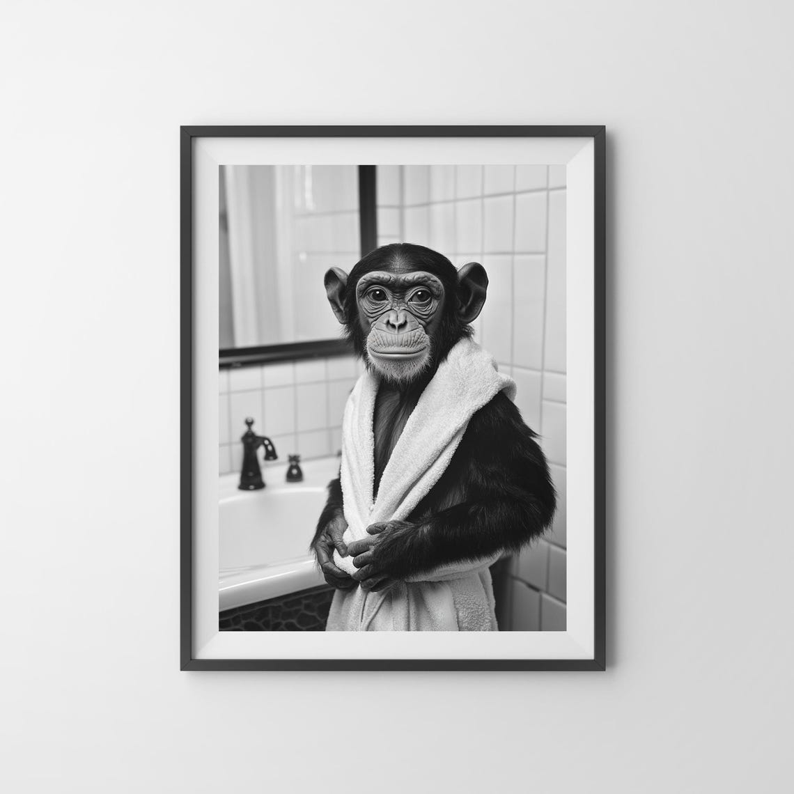 Monkey in White Bathrobe Funny Black and White Bathroom Poster - Image 3