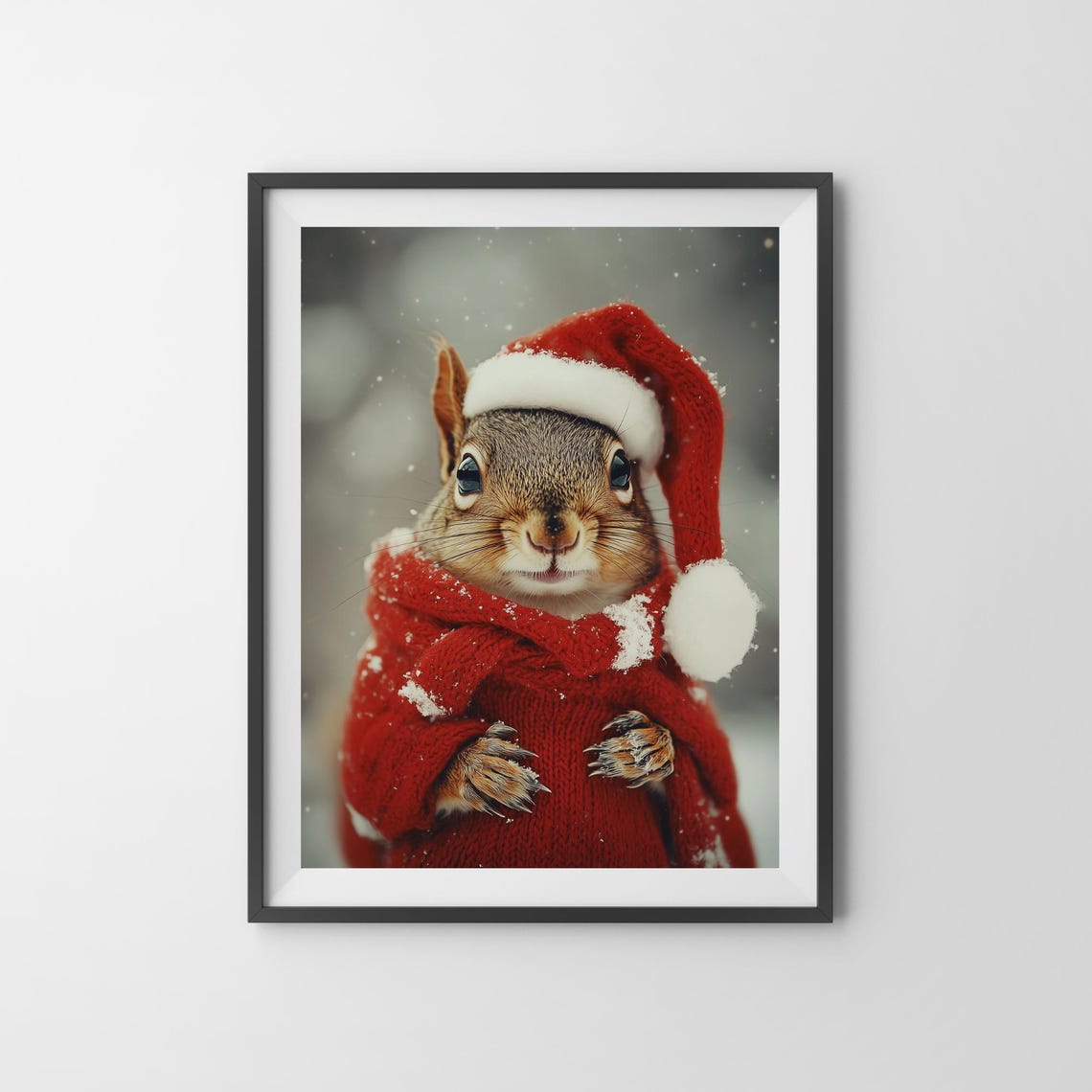 Squirrel in Santa Hat and Red Knit Scarf Posing in the Snow Poster - Image 3
