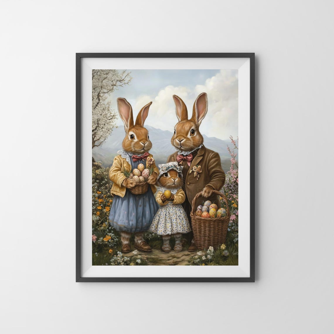 Vintage Easter Bunny Family With Egg Baskets Spring Meadow Poster - Image 3
