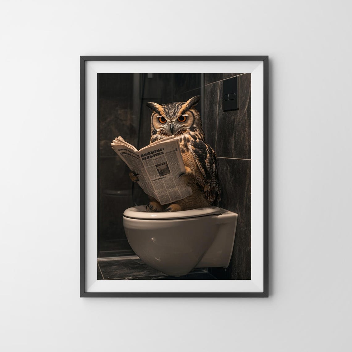 Wise Owl on the Toilet Reading a Newspaper Funny Bathroom Poster - Image 3