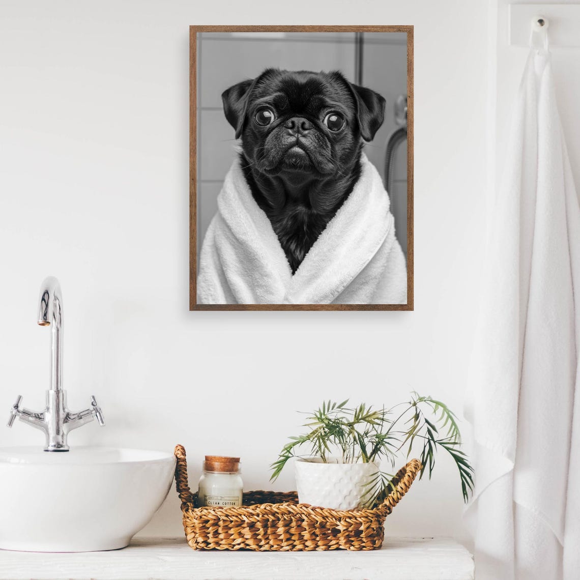 Black Pug in White Towel Black and White Funny Bathroom Poster - Image 2