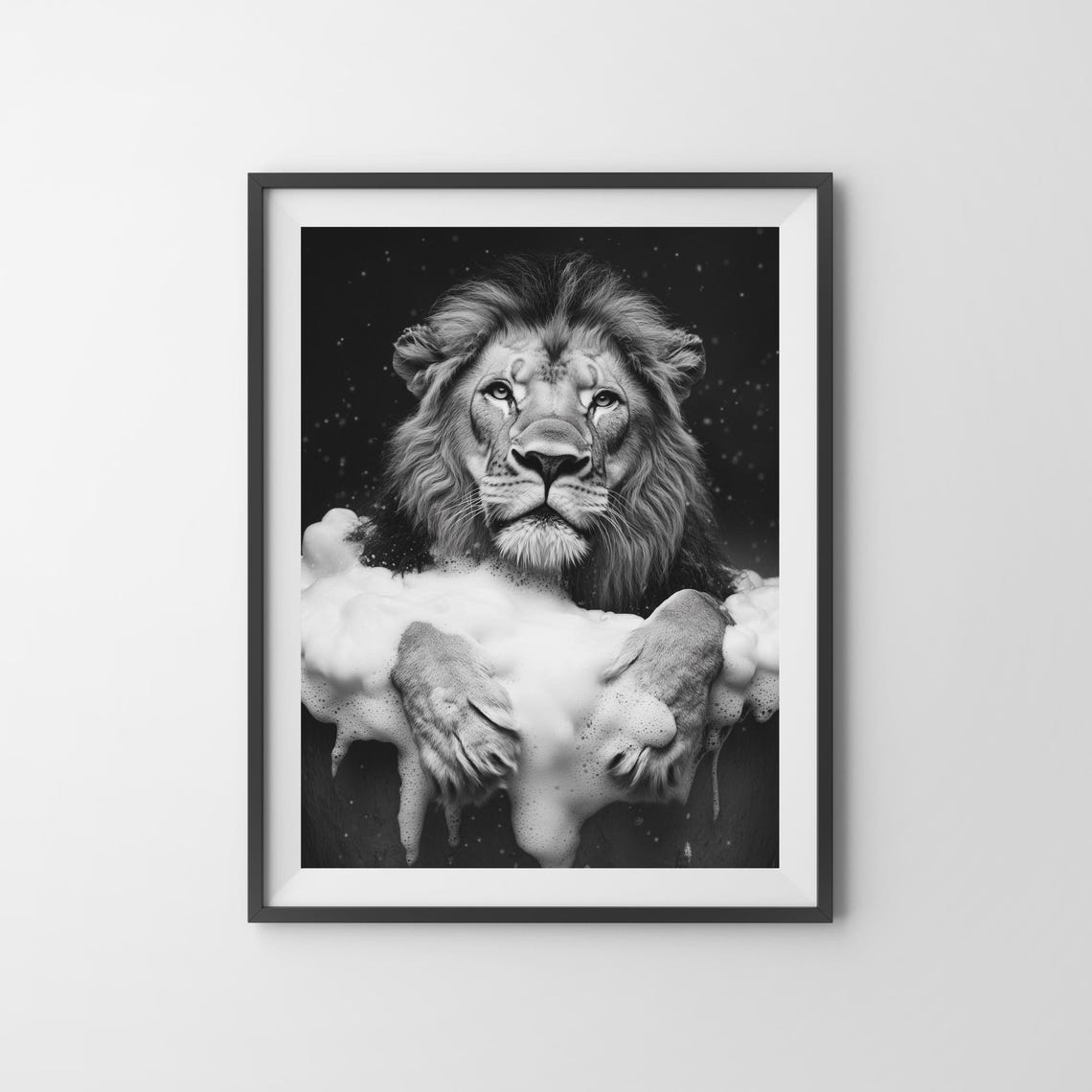 Lion Taking a Bubble Bath in Black and White Bathroom Poster - Image 3