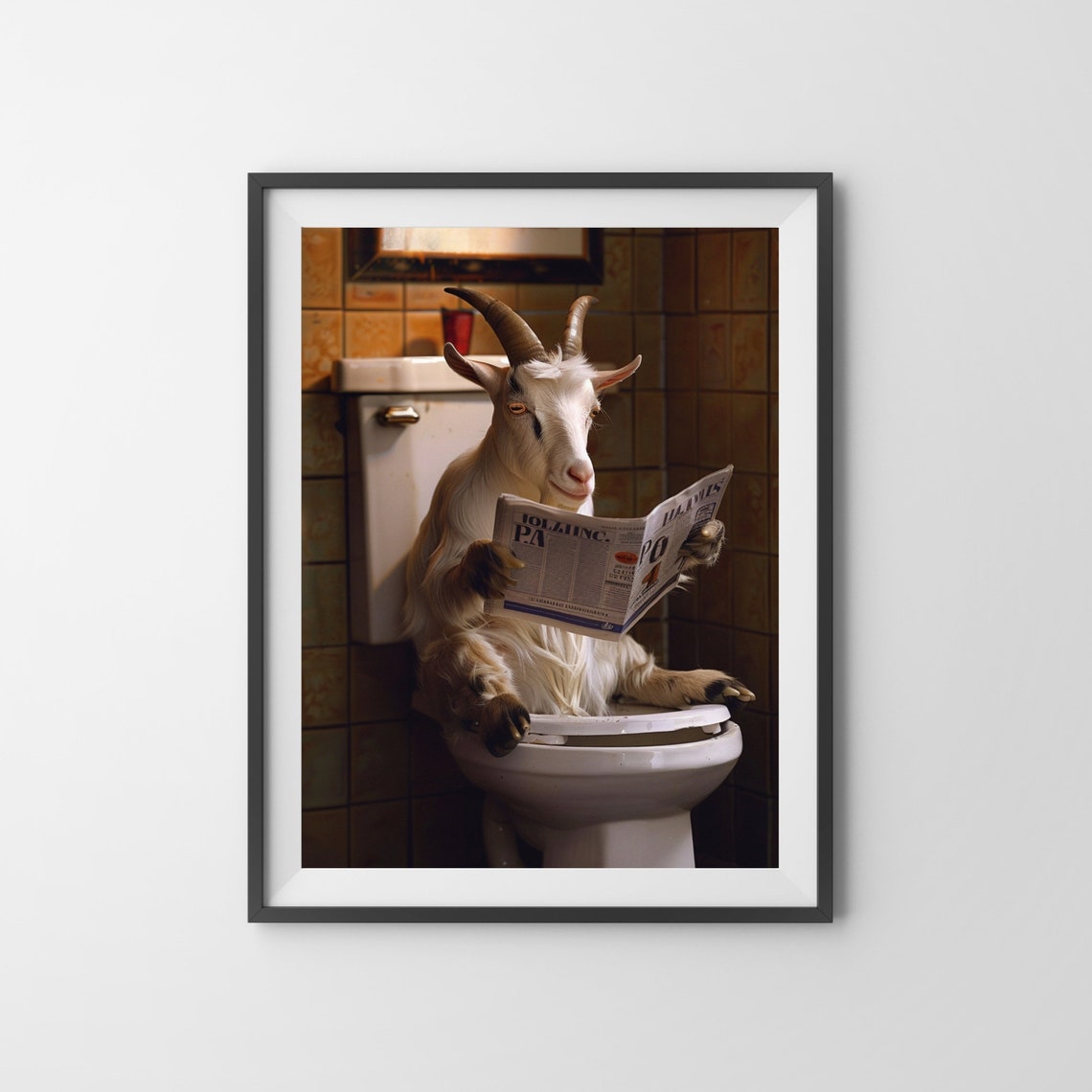 Funny Goat on Toilet Reading Newspaper Quirky Bathroom Poster - Image 3