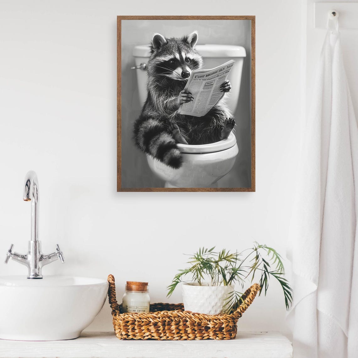 Funny Raccoon Sitting on Toilet Reading Newspaper Bathroom Poster - Image 2