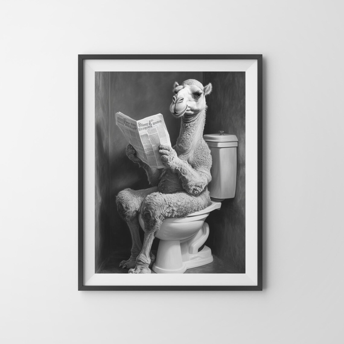 Camel Reading a Newspaper on the Toilet Black and White Bathroom Poster - Image 3