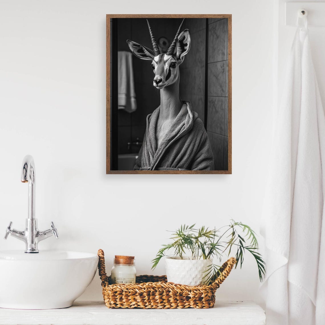 Gazelle in Bathrobe Black White Funny Bathroom Humor Art Poster - Image 2