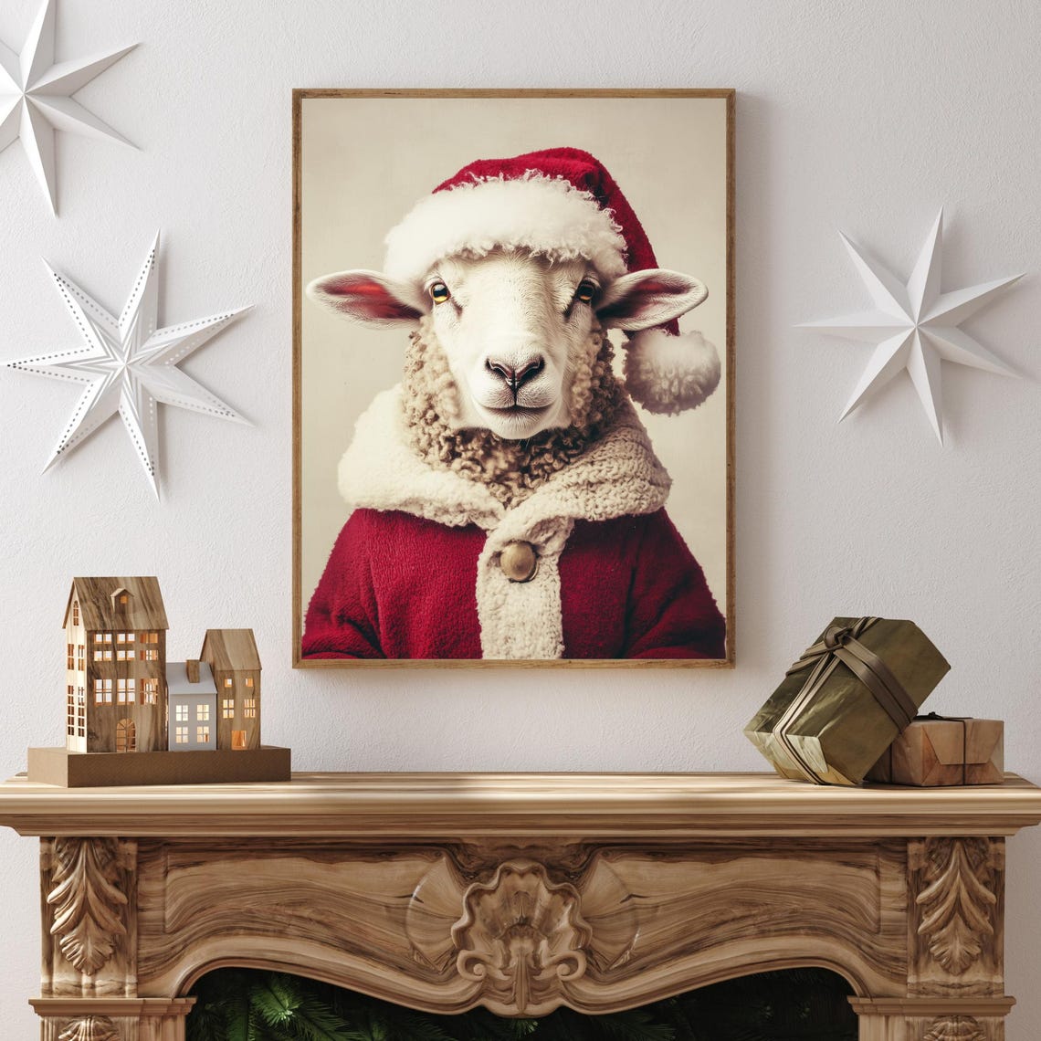 Sheep Wearing Santa Hat And Red Coat Festive Christmas Poster - Image 2