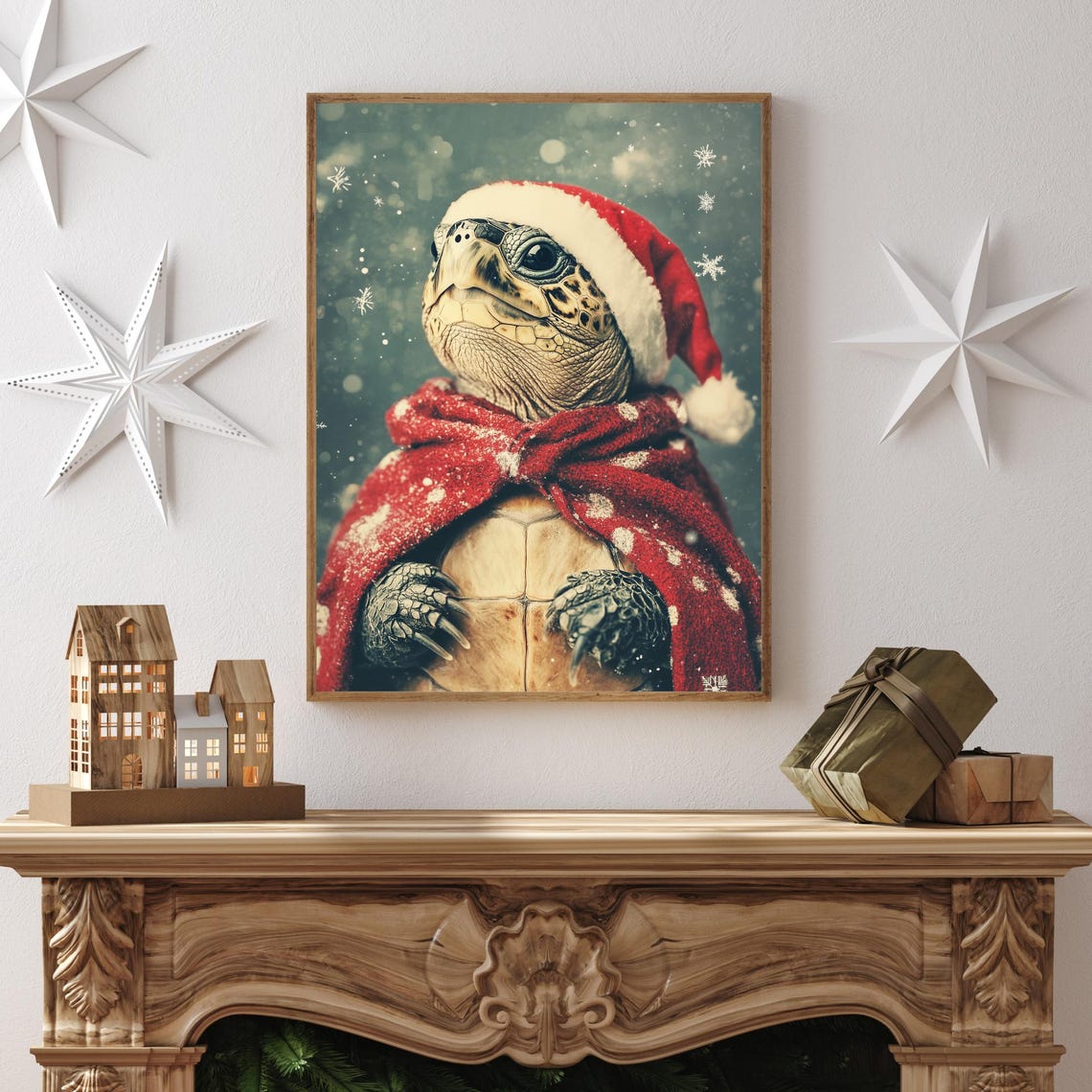 Turtle in a Santa Hat and Red Scarf Christmas Snowfall Poster - Image 2
