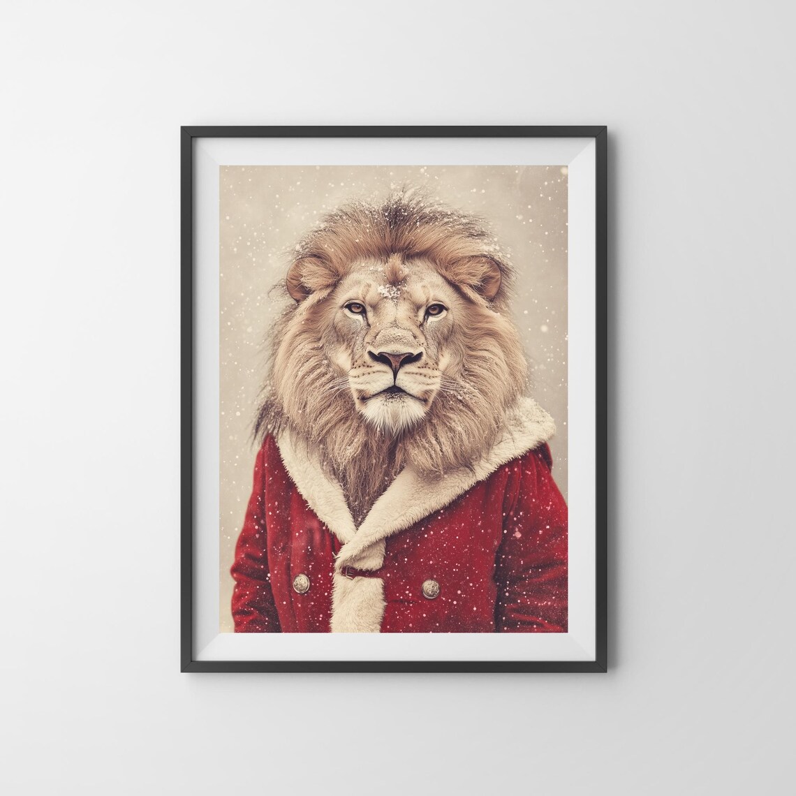 Lion Wearing a Red Santa Coat With White Fur Trim in the Snow Poster - Image 3