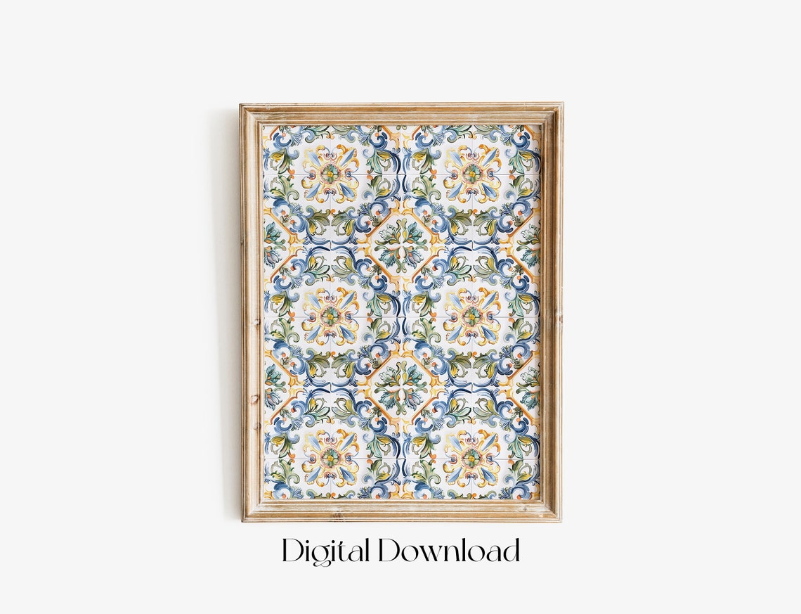 Blue Yellow Spanish Tile Pattern Mediterranean Ornate Wall Art - Image 2