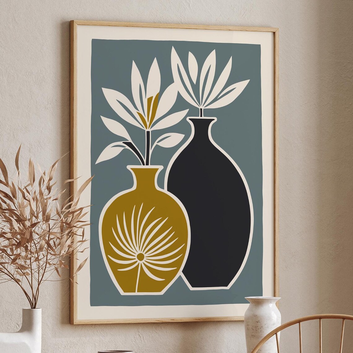 Scandinavian Minimalist Mustard and Black Vases Botanical Poster