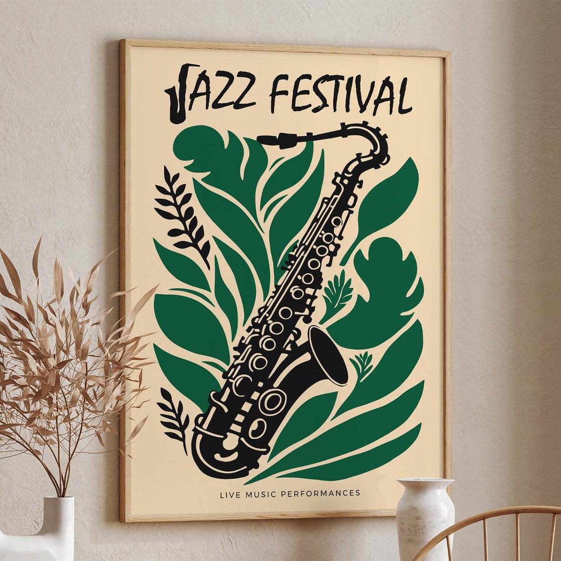 Jazz Festival Saxophone Green Leaves Live Music Vintage Poster - Image 6
