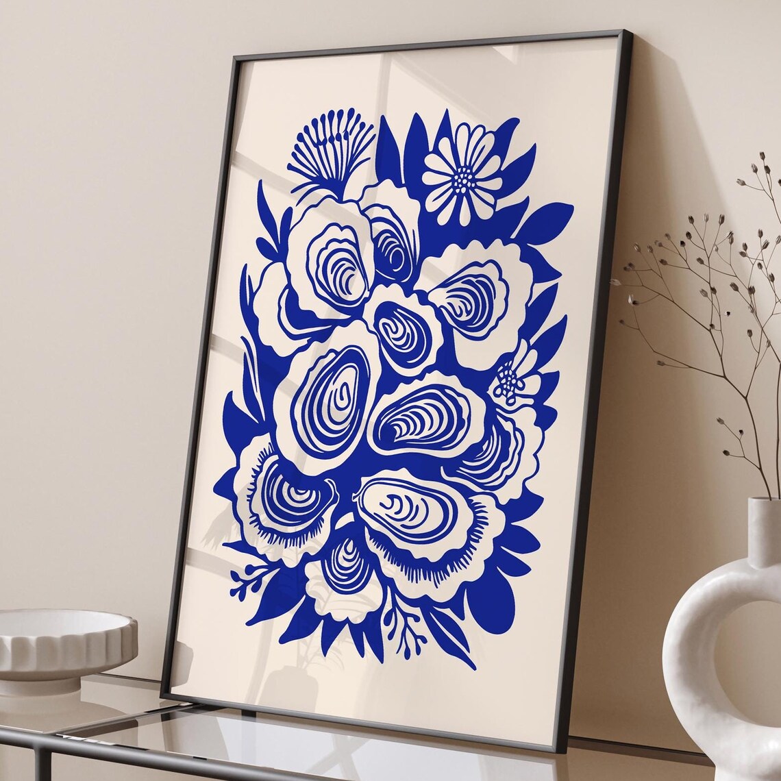 Blue Oyster Bar Seafood Botanical Bouquet Indigo Nautical Style Poster