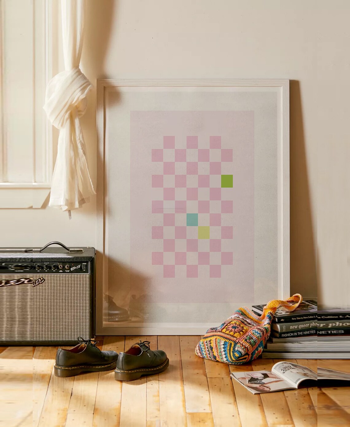 Pink Checkerboard With Color Accents Minimalist Retro Art Poster