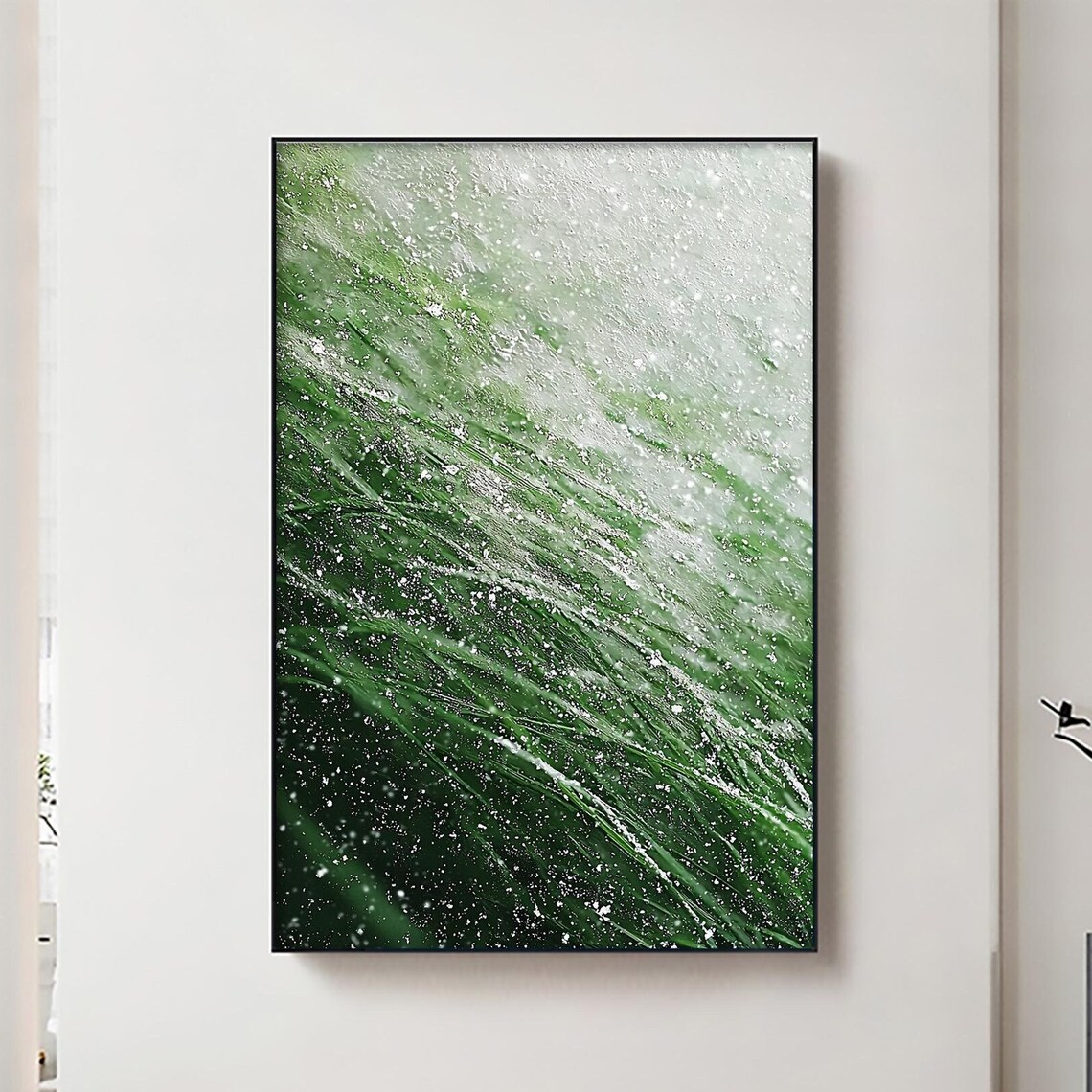 Green Grass Blades Bending Under Falling Snow Winter Nature Wall Art