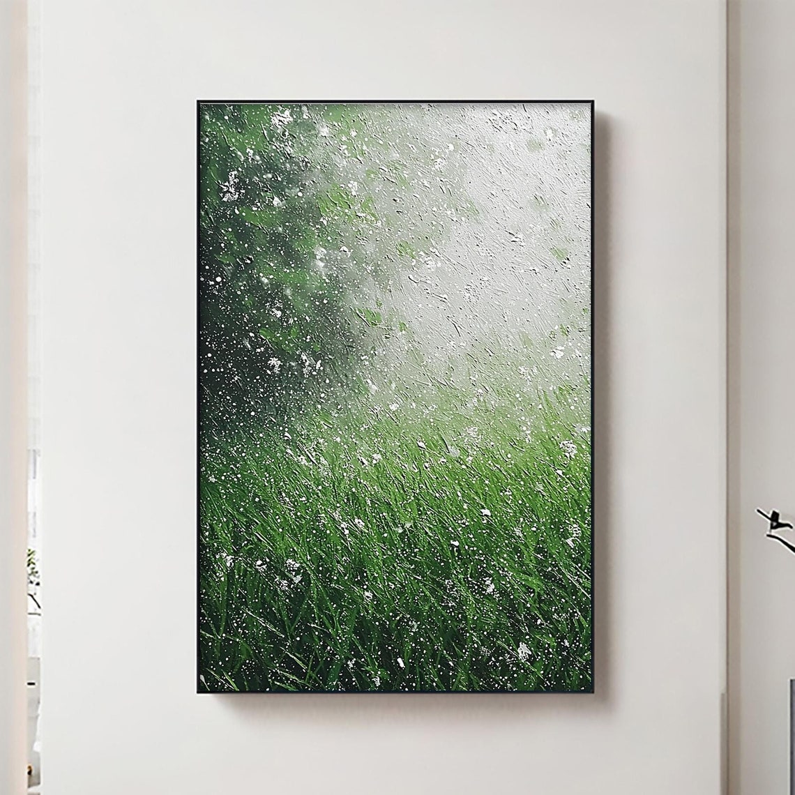 Snowy Green Grass Field Dissolving into Winter Mist Nature Wall Art
