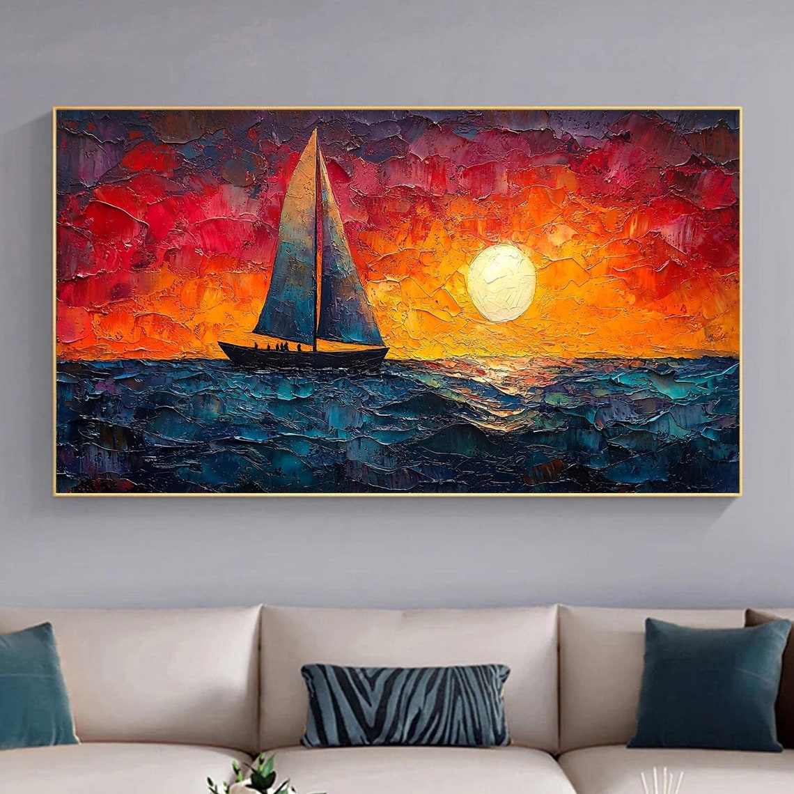 Large Original Sailboat Oil Painting On Abstract Sunset Seascape Painting Nautical Wall Art Custom Painting Living Room Wall Decor