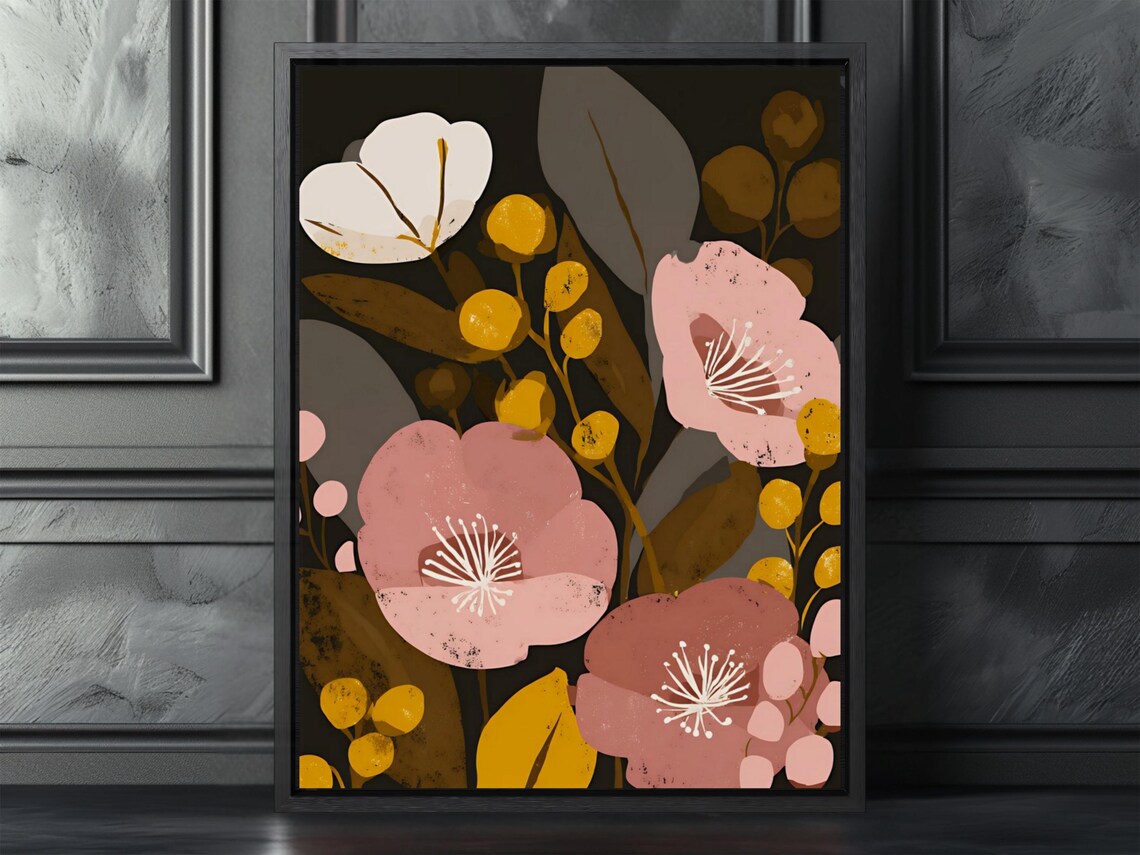 Modern Abstract Floral Pink Blooms Gold Leaves Dark Art Poster