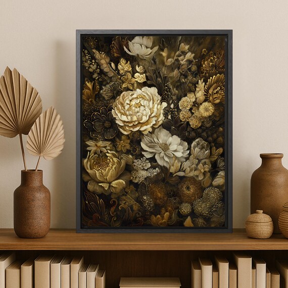 Dark Moody Floral Painting with Cream Peonies Elegant Vintage Style Art Poster