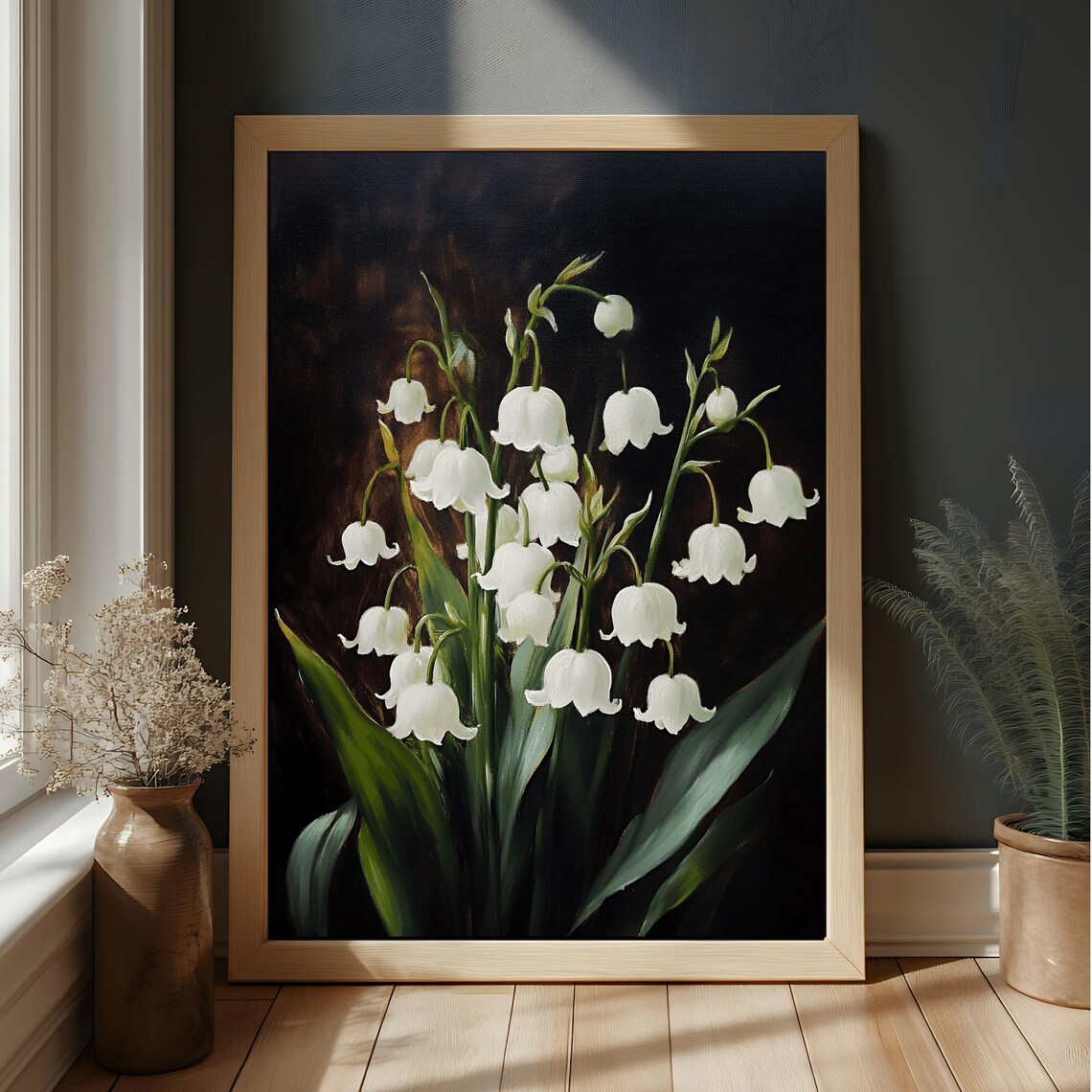 Lily of the Valley White Flowers Dark Botanical Oil Painting Poster