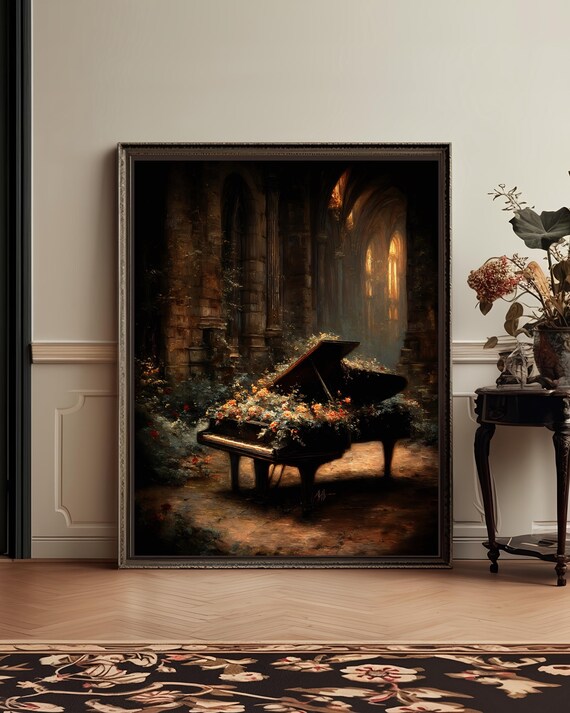 Grand Piano Flowers Dark Cathedral Moody Music Room Art Poster