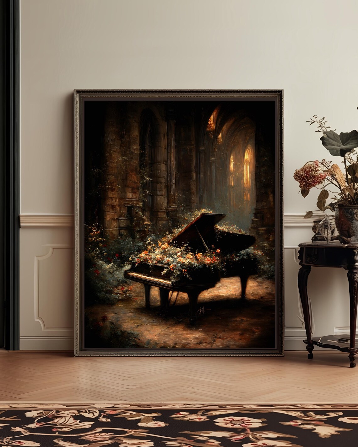 Grand Piano Flowers Dark Cathedral Moody Music Room Art Poster