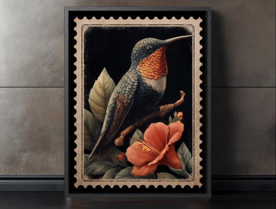 Vintage Hummingbird Wall Art Print Dark Botanical Bird Decor Moody Gothic Nature Stamp Animal Poster For Home