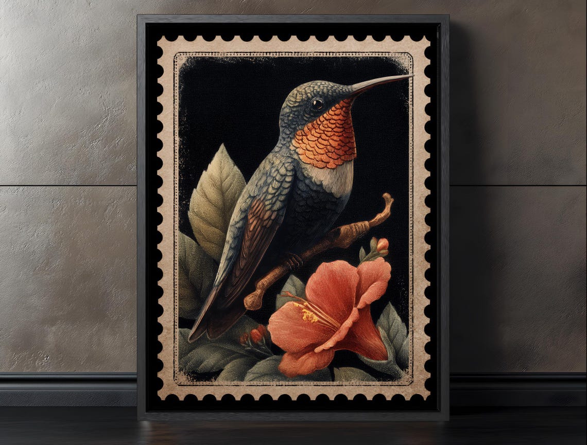 Vintage Hummingbird Postage Stamp Art Dark Botanical Bird Poster
