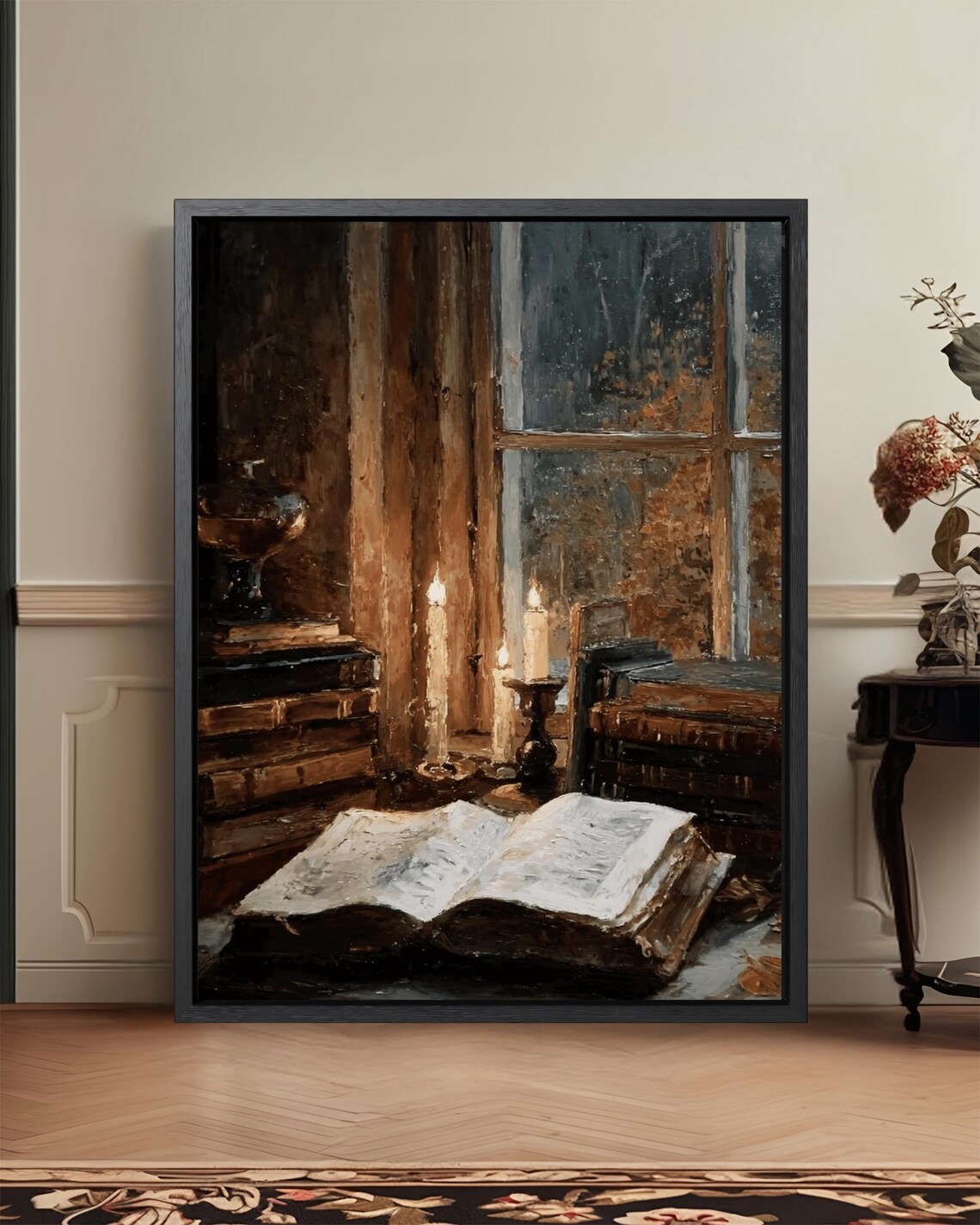 Candlelit Library Open Book Rainy Window Dark Academia Oil Poster