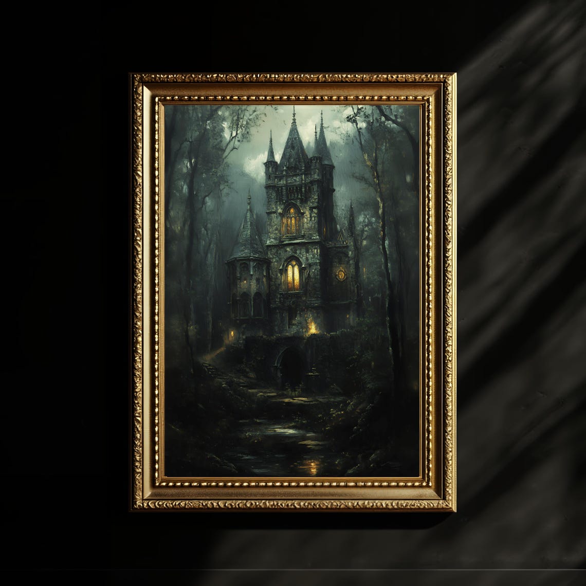 Gothic Castle Wall Art Dark Fantasy Forest Print Haunted Mansion Artwork Poster Or Canvas Moody Nature Decor