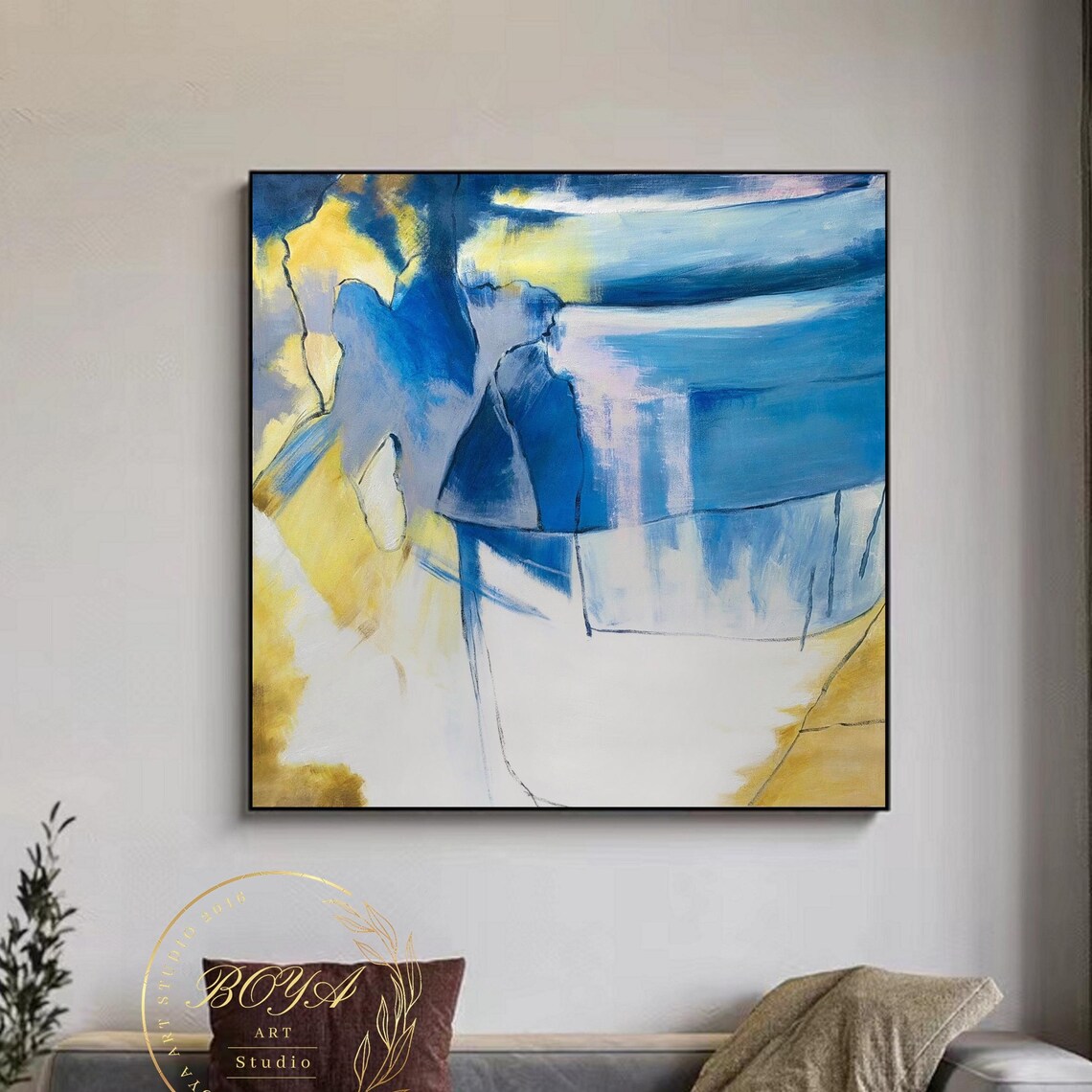 Blue Yellow White Flowing Water Waves Abstract Art Painting Poster - Image 5