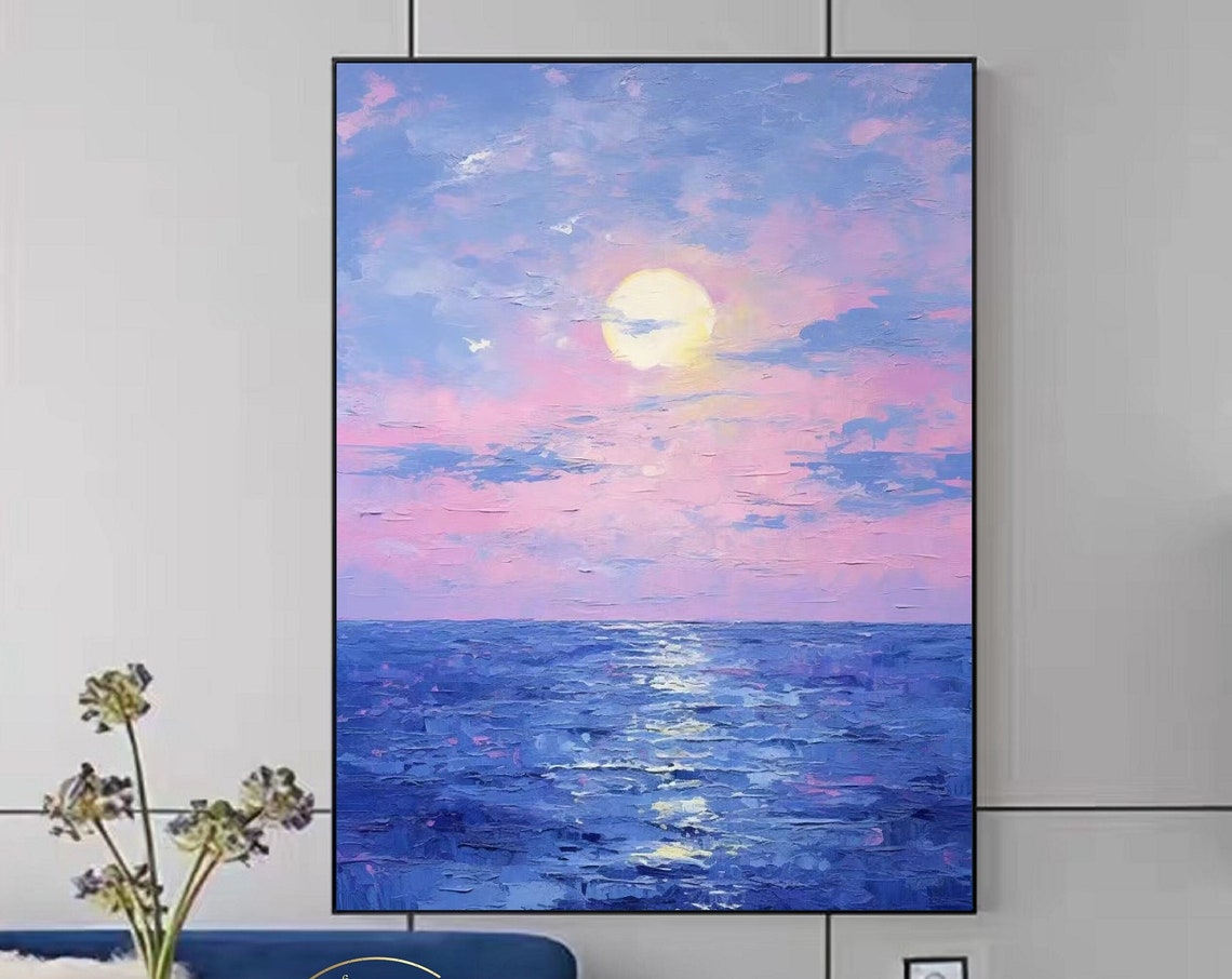 Glowing Purple and Pink Full Moon Rising Over the Ocean Poster