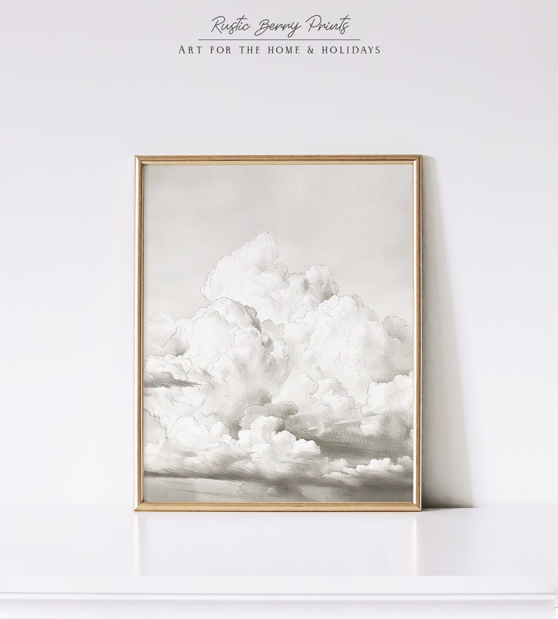 Dramatic Cumulus Clouds Pencil Sketch Study Minimalist Neutral Print